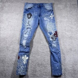 Smoke Rise Denim Jeans Mens 34x34 Graphic Distressed Streetwear